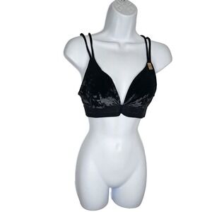PINK Victoria's Secret Velvet‎ Strappy Bralette M • Removable Padding • Black